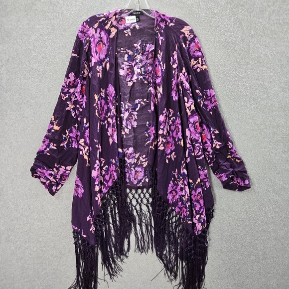 Torrid Women Sweater 00 Purple Floral Kimono Cardigan Fringe Open Front - Picture 1 of 9